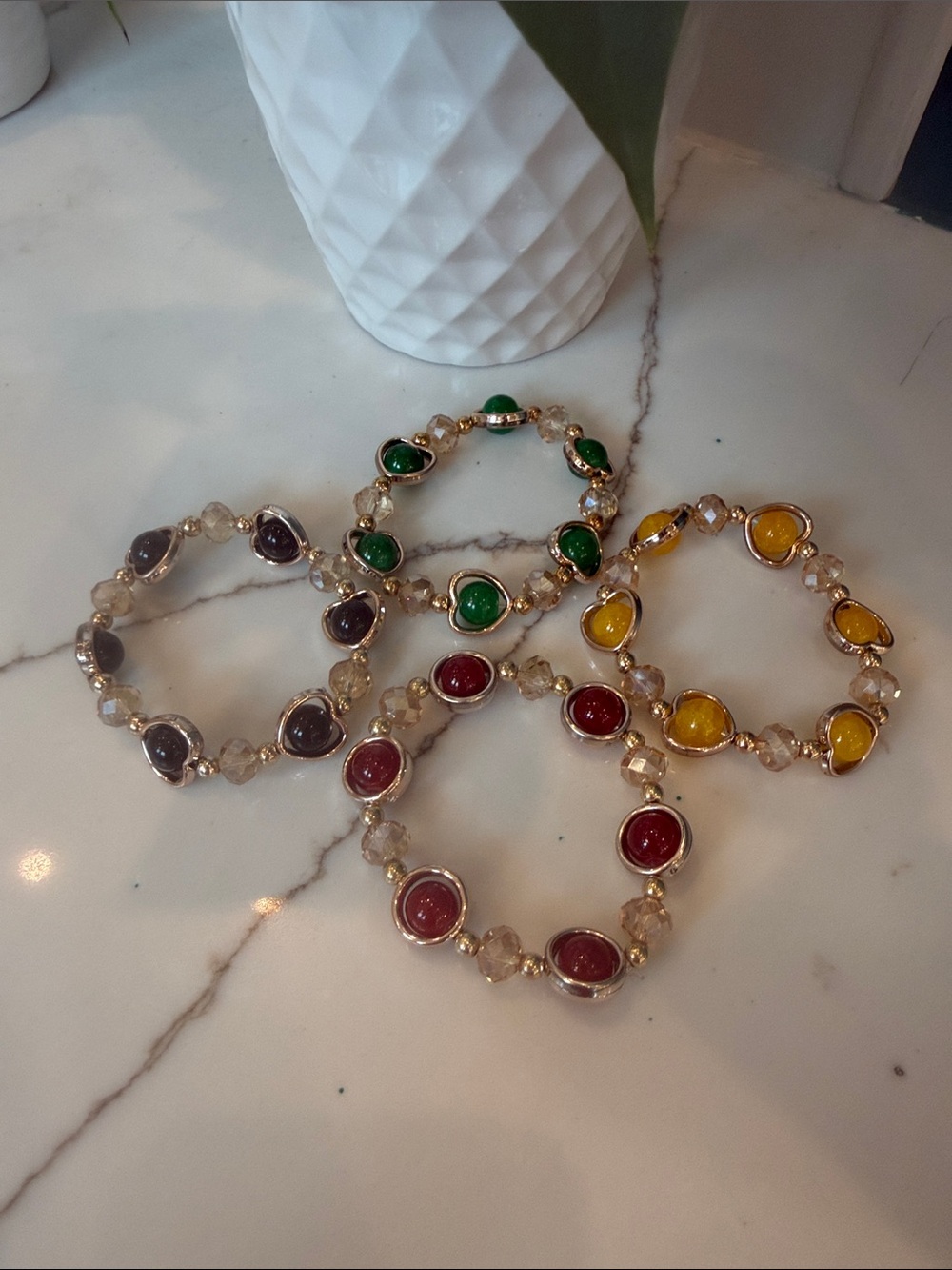 1 Gold-Tone Multi Color Gemstone Stretch Bracelet - in Green, Yellow, Red, Black